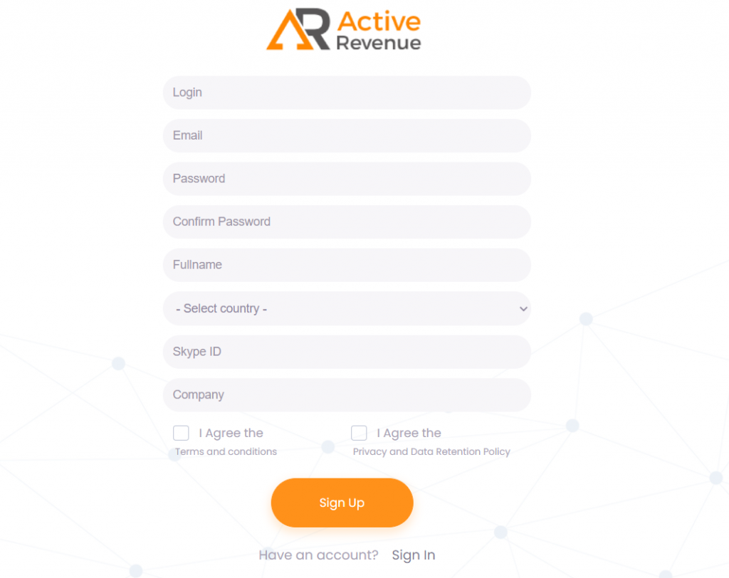 Регистрация ActiveRevenue